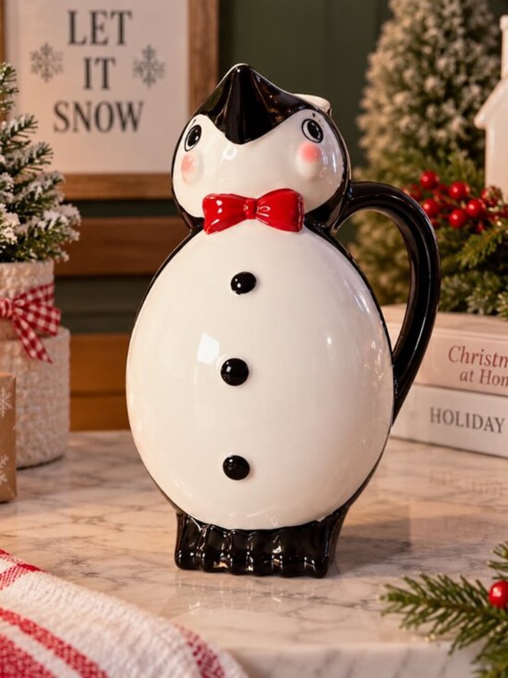 Johanna Parker Carnival Cottage Penguin Christmas Pitcher 9” NWT